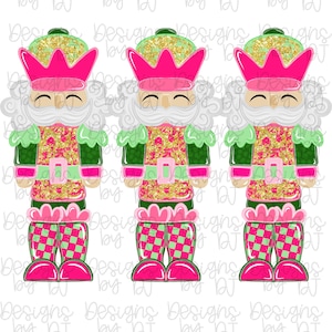 May include: Three cartoon nutcracker figures with pink, green, and gold glitter accents. Each nutcracker has a pink crown, green collar, and checkered trousers. The design is repeated three times.