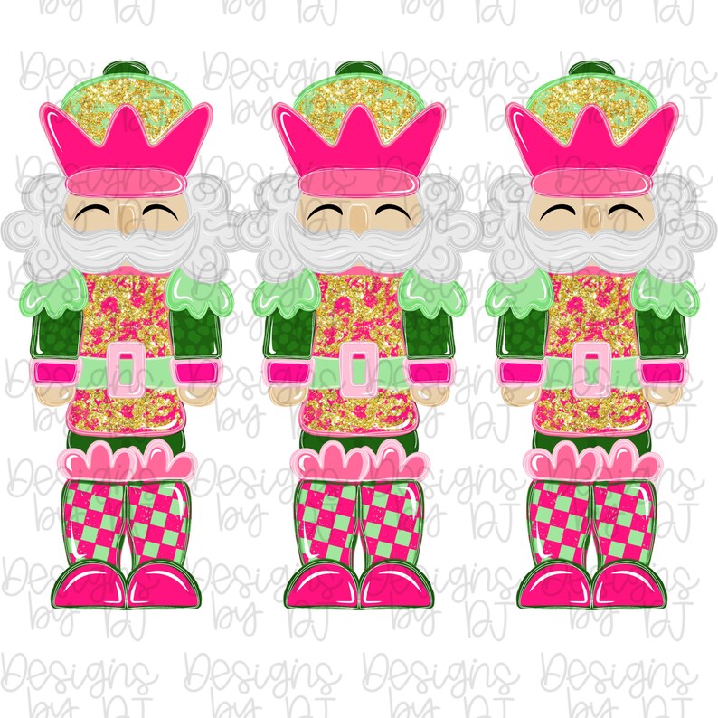 May include: Three cartoon nutcracker figures with pink, green, and gold glitter accents. Each nutcracker has a pink crown, green collar, and checkered trousers. The design is repeated three times.