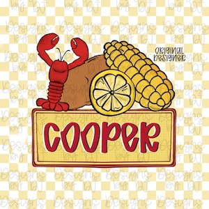 Puede incluir: Ilustración digital con una langosta roja, una patata marrón, una rodaja de limón amarilla y una mazorca de maíz amarilla. La palabra "COOPER" se muestra en rojo sobre un letrero amarillo. Fondo a cuadros amarillos y blancos.