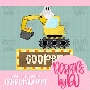 Excavadora fantasma PNG Halloween Parche de nombre para niños PNG Camiseta infantil PNG Excavadora posterior PNG Camiseta de otoño Parche de nombre personalizable PNG PNG de moda