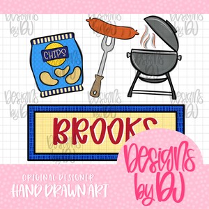 May include: A digital illustration with a blue bag of crisps labelled "CHIPS", a sausage on a fork, and a black barbecue grill with smoke. A sign with the name "BROOKS" in red letters is also present. The words "ORIGINAL DESIGNER" and "HAND DRAWN ART" are also visible.