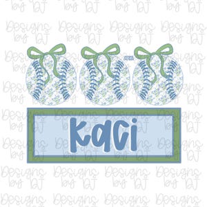 May include: Three baseball-themed designs with blue and white floral patterns and green bows. Below, a light blue rectangle with the name "Kaci" in a darker blue font.
