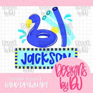 May include: A digital illustration of a blue swan-shaped pool float, water splashes, and a blue pool noodle. The name "Jackson" is displayed on a light blue banner with a yellow and blue border. The text "Designs by DJ" and "Original Designer Hand Drawn Art" are also present.