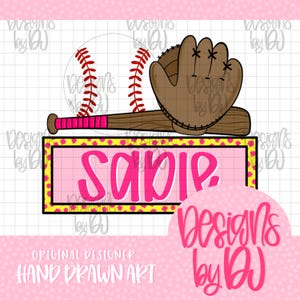 Può includere: Illustrazione digitale di attrezzatura da baseball, tra cui una palla, un guanto e una mazza. L'impugnatura della mazza è avvolta con nastro rosa. Un rettangolo rosa con il nome "Sabie" in grandi lettere rosa è in basso.