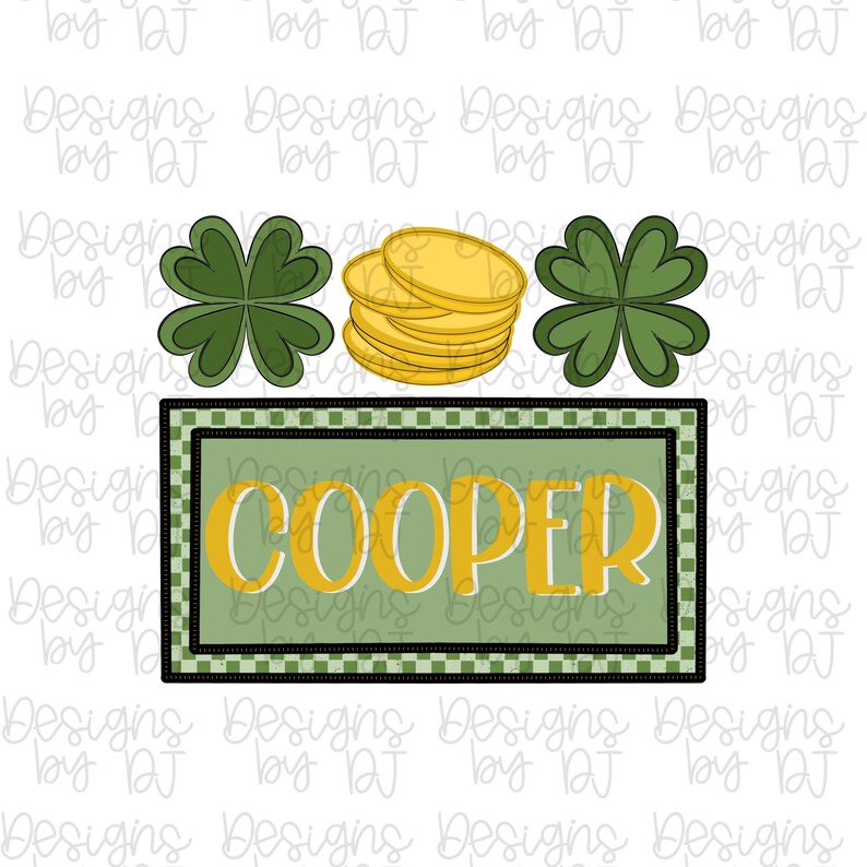 Peut inclure: Une conception sur le th&egrave;me de la Saint-Patrick avec des tr&egrave;fles verts, des pi&egrave;ces d'or et un panneau rectangulaire avec le nom "COOPER" en lettres dor&eacute;es. Le panneau a un fond vert avec une bordure &agrave; carreaux.