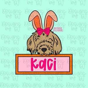 May include: A cartoon illustration of a dog wearing bunny ears and a pink bow. The dog's name, "Kaci", is displayed in pink letters on a pink rectangle with an orange border. The background is a light teal color.