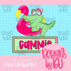 May include: A cartoon illustration featuring a green alligator wearing goggles and a gold bracelet, floating on a pink flamingo pool float. The name "Cammie" is displayed on a green and pink sign. The background is light blue with a grid pattern.