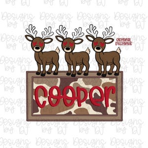 May include: A digital design featuring three brown reindeer with heart-shaped eyes and white antlers. Below, a rectangular sign displays the name "COOPER" in red letters against a brown and tan cowhide pattern.