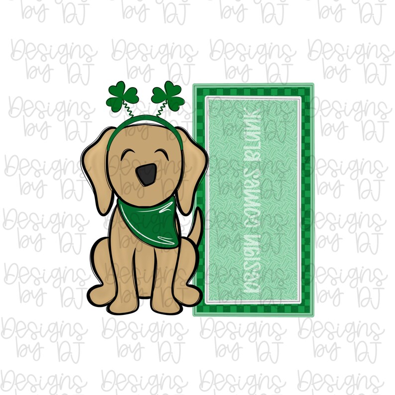 May include: A cartoon illustration of a golden retriever dog wearing a green bandana and a headband with shamrocks. Next to the dog is a green rectangle with the text "DESIGN COMES BLANK".