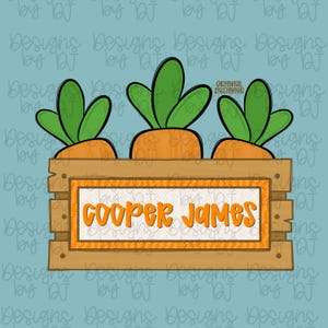 Könnte beinhalten: Eine Holzkiste mit drei orangefarbenen Karotten mit grünen Blättern. Die Kiste hat ein Etikett mit dem Namen "COOPER JAMES" in orangefarbenen Buchstaben. Der Hintergrund ist hellblau.