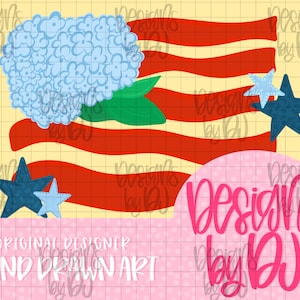 May include: A digital illustration of a flag design with red and white stripes, blue stars, and a light blue floral element. The design includes the text "Designs by DJ" and "Original Designer Hand Drawn Art".