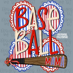 Può includere: Un design a tema baseball con la parola "BASEBALL" in lettere rosse, bianche e blu, su sfondo grigio. Una mazza da baseball in legno con la parola "MAMA" è in basso. Il design include cerchi decorativi.