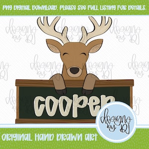 May include: A digital illustration of a brown deer with large antlers resting its front hooves on a dark green rectangular sign. The name "cooper" is written in large, light-colored, rounded letters on the sign. The text "designs by DJ" appears.