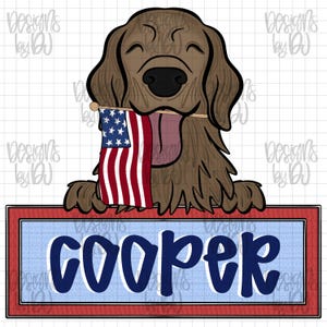 May include: A brown dog illustration holding a small American flag in its mouth. The dog is smiling, with the name "COOPER" in navy blue letters on a light blue background, framed in red.