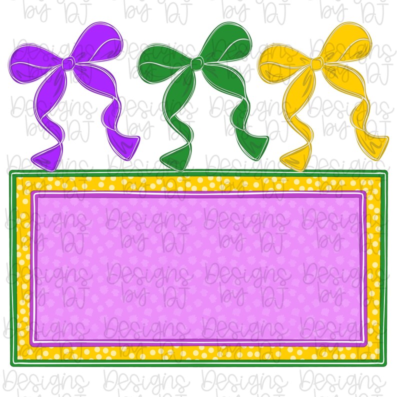 May include: A digital design featuring three decorative bows in purple, green, and yellow, above a rectangular frame. The frame has a pink center with a dotted pattern, bordered by yellow and green. The design is likely for crafts or digital art.