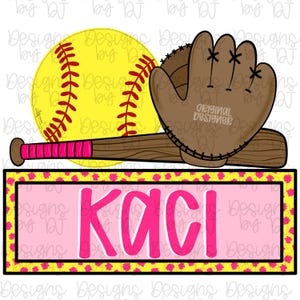 May include: A softball-themed graphic with a yellow softball, brown baseball bat, and brown glove. The bat has a pink grip. A pink rectangle with the name "KACI" in pink letters is at the bottom. The background is white.