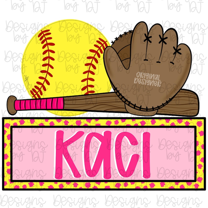 May include: A softball-themed graphic with a yellow softball, brown baseball bat, and brown glove. The bat has a pink grip. A pink rectangle with the name "KACI" in pink letters is at the bottom. The background is white.