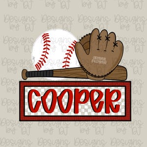 May include: A baseball-themed design with a baseball, glove, and bat. The word "COOPER" is in red, inside a red and white checkered border. The baseball has red stitching, and the glove has the words "Original Designer".