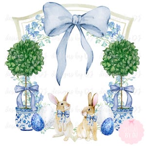 Easter Watercolor Crest | Blue Chinoiserie Topiary | Grandmillenial | Watercolor | Digital Download | PNG | Digital Art | Coquette Bows