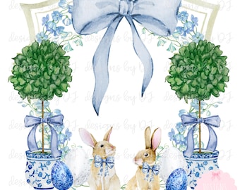 Puede incluir: Ilustración de acuarela de dos conejos con lazos azules, sentados frente a dos árboles topiarios con lazos azules y huevos azules y blancos. El fondo es una corona floral azul claro y blanca con un lazo azul.