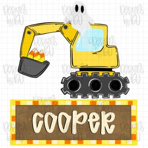 Puede incluir: Una ilustraci&oacute;n de una excavadora de construcci&oacute;n amarilla con un fantasma blanco en la cabina y caramelos de ma&iacute;z en la pala. Debajo de la excavadora hay un letrero rectangular marr&oacute;n con un borde a cuadros amarillo y naranja con el nombre Cooper.