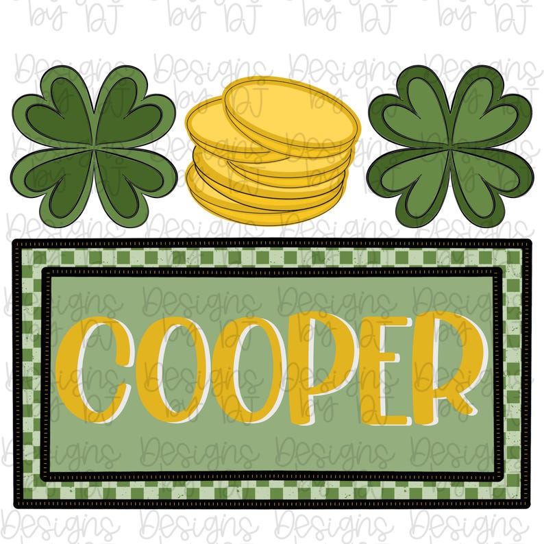 Peut inclure: Une cr&eacute;ation sur le th&egrave;me de la Saint-Patrick avec une bordure &agrave; carreaux verts et noirs, le nom "COOPER" en or, des pi&egrave;ces d'or et des tr&egrave;fles verts. Un design festif.
