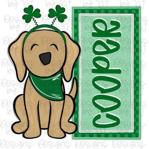 May include: A cartoon illustration of a tan dog wearing a green bandana and a headband with shamrocks. The dog is sitting next to a green sign that says "Cooper" in white letters. The background is white.