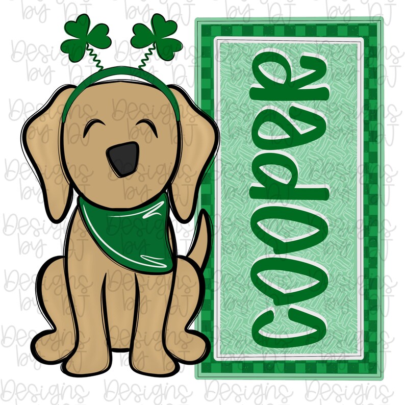 May include: A cartoon illustration of a tan dog wearing a green bandana and a headband with shamrocks. The dog is sitting next to a green sign that says "Cooper" in white letters. The background is white.