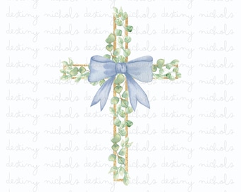 Blue Watercolor Cross PNG | Religious | Grandmillenial | Bow | Easter | Sublamination | DTF | Preppy Bow | Digital Art | Floral | Printable
