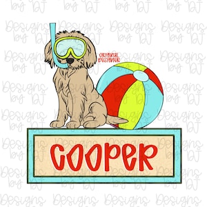 以下が含まれることがあります： シュノーケルとゴーグルをつけたゴールデンレトリバーの漫画イラスト。ビーチボールと赤い文字で「COOPER」という名前が描かれています。デザインは夏のテーマです。