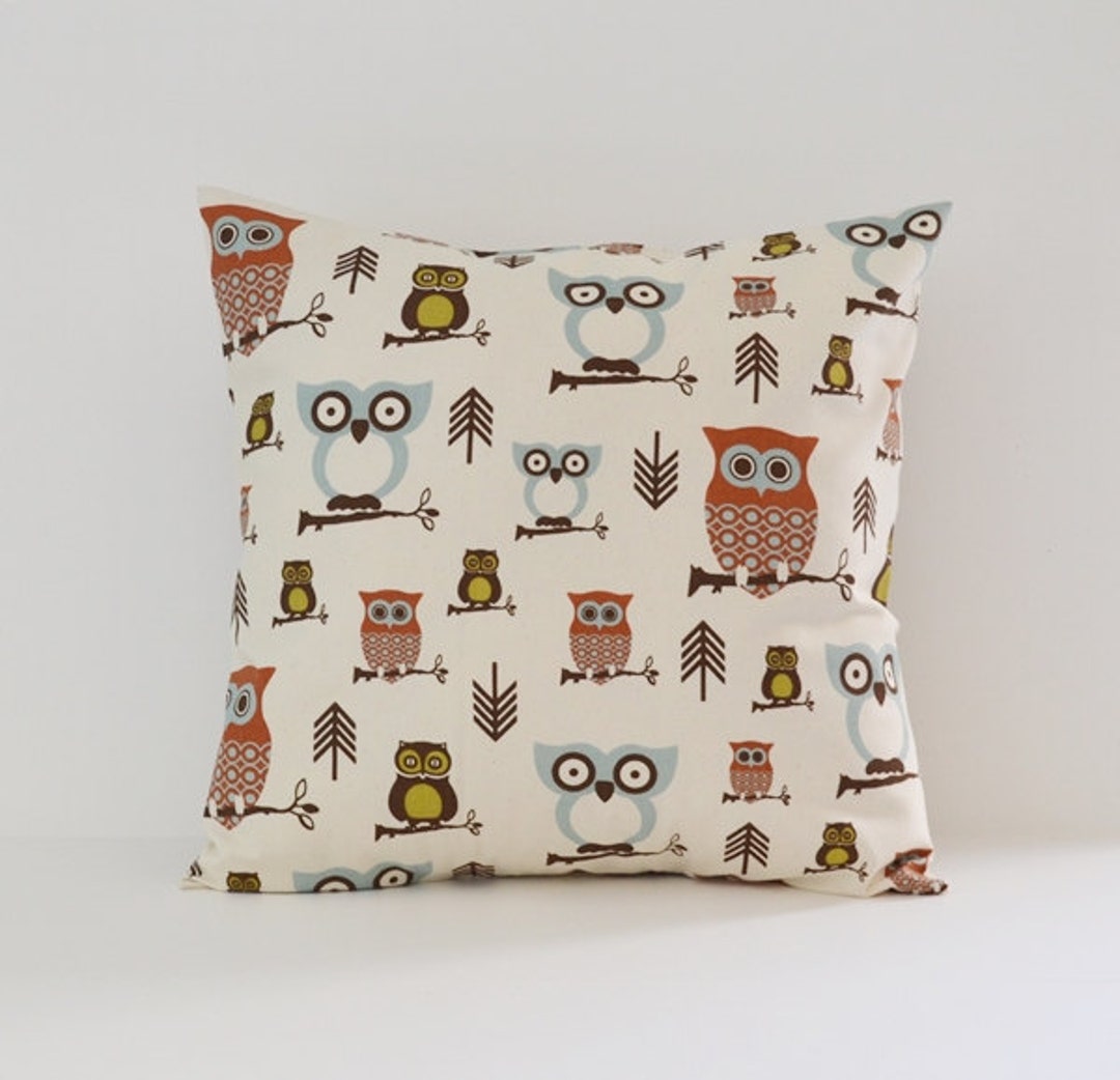 Owl Pillow Cover Brown Blue Autumn Etsy