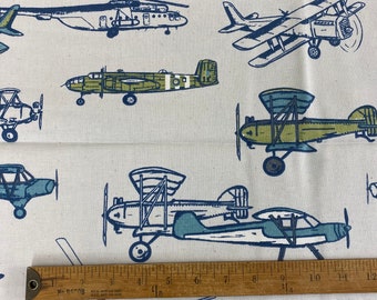 Premier Prints Home Decor Fabric Airplanes Blue Natural 1 Yard Remnant