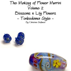 May include: The text reads The Making of Flower Murrini Volume 2 Blossoms & Lily Flowers - Tonbodama Style - By Christina Stofmeel. Two small blue glass beads with floral patterns and one large oval glass bead with blue, purple, and yellow flower designs.