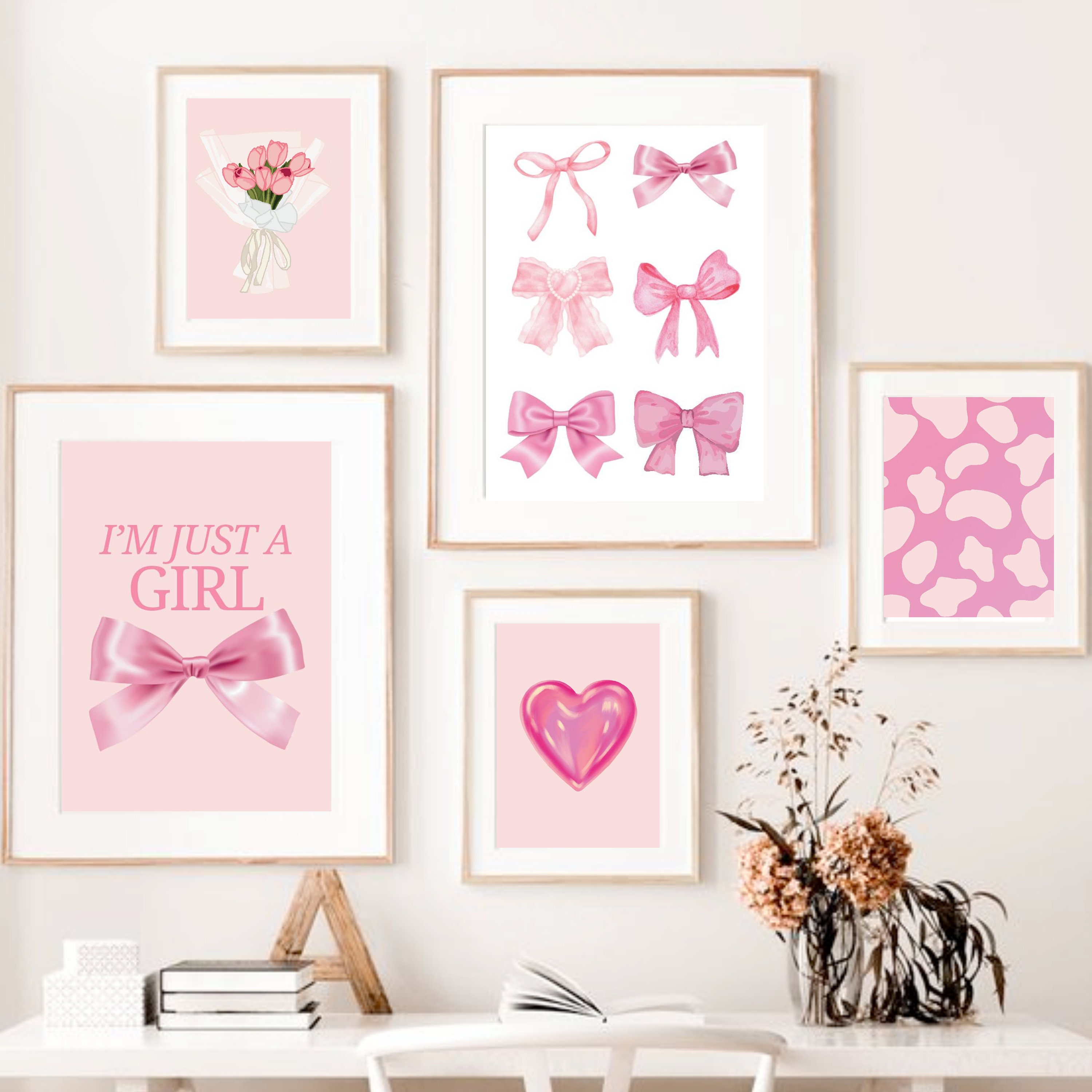 Coquette Pastel Pink Preppy Wall Decor Set of 9, Coquette Room Decor