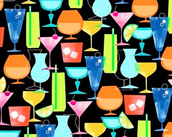 Just Beachy Tropical Drinks Black Fabric