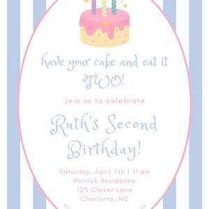 Have Your Cake and Eat it TWO, Second Birthday Invitation