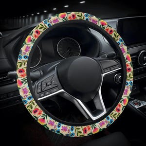 Faux Embroidery Flowers Car Accessory - Steering Wheel Cover with Elegant Floral Print, Car Steering Wheel Cover