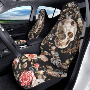 Skull with Roses Car Seat Cover - Gothic Black Background Design, Front Car Seat Covers