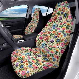 Vintage Inspired Car Seat Cover with Faux Embroidery Flowers Print, Front Car Seat Covers
