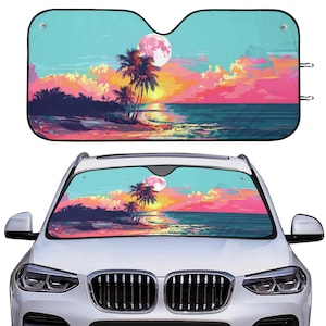 Tropical Paradise Car Sunshade with Palm Trees on the Beach, Car Sunshade