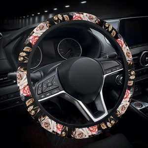 Roses Design Car Steering Wheel Cover - Stylish Black Floral Accessory for Car Interiors, Car Steering Wheel Cover