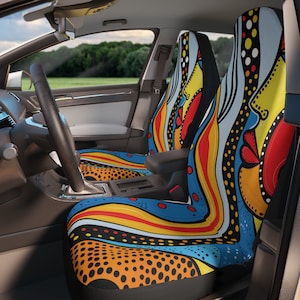 Juego de dos fundas para asientos de automóvil, cubierta de asiento de automóvil abstracta y audaz con una cara de mujer impresionante, fundas de asiento de automóvil abstractas