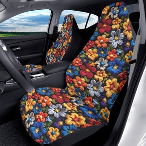 Faux Embroidery Flowers Print Car Seat Cover - Floral Boho Chic Style, Front Car Seat Covers