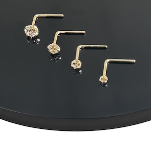 L-Bend Nose Stud 9K Yellow Gold | Handmade CZ Gold Nose Pin 24G/22G/20G/18G | Minimalist Nose Piercing Jewelry | Cubic Zirconia Nose Studs