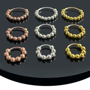 925 Sterling Silver Nose Hoop Ring with Multiple Bead Balls - 20G (0.8mm), Yellow and Rose Gold Plated