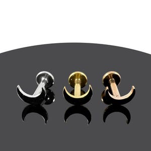 16G Crescent Shaped Flat Back Labret Internally Threaded - 316L Surgical Steel - Minimalist Moon Studs - Tragus/Cartilage Earrings for Women