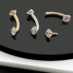 9K & 14K Gold Round CZ Curved Eyebrow Bar –16G (1.2mm) - 8mm Length – Available in Yellow, White, and Rose Gold - Rook Piercing
