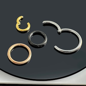 Aro de titanio con segmento de clic de 14 g, con bisagras, para la nariz, clásico, dorado, negro y arcoíris, para trago, hélix y tabique.
