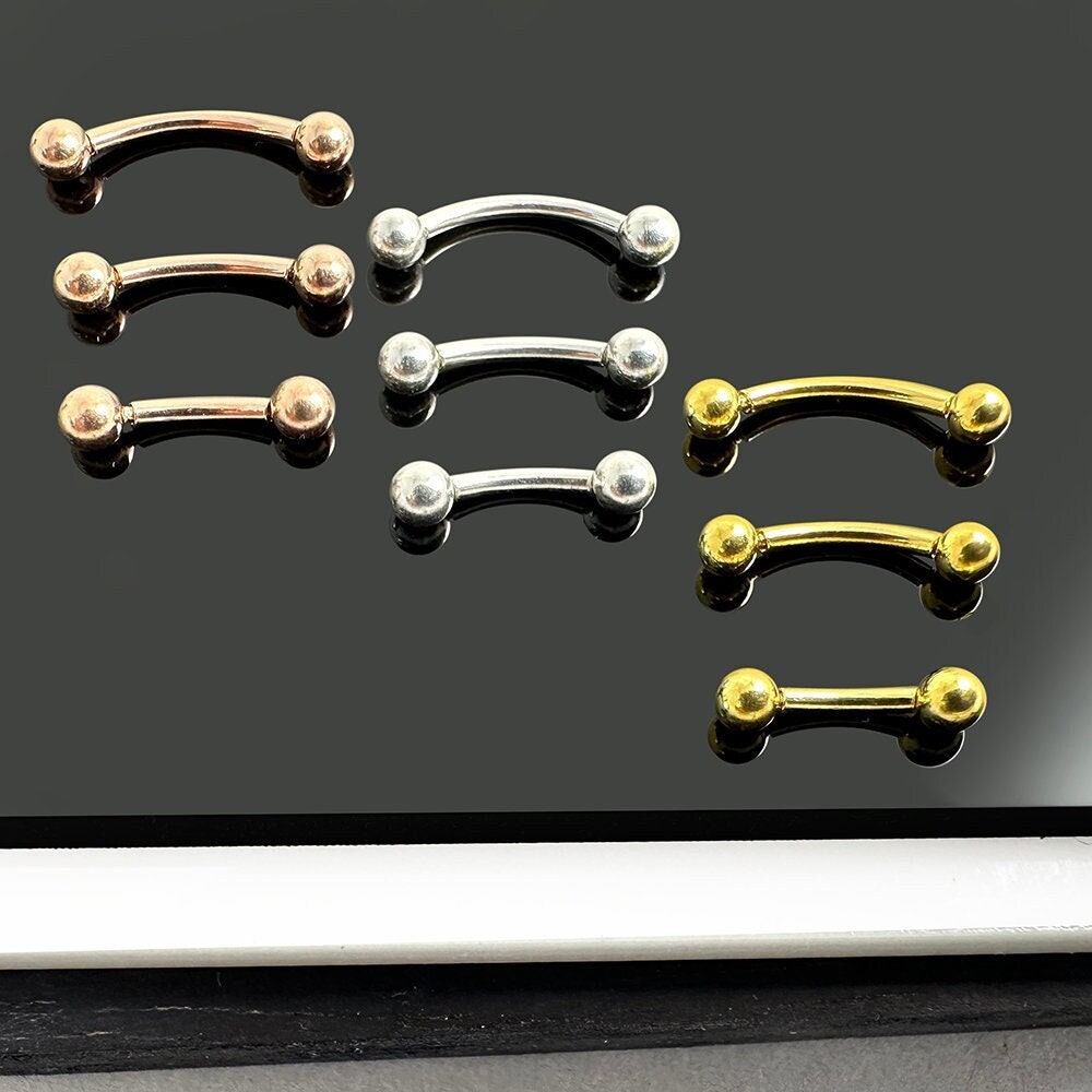 925 Sterling Silver Curved Eyebrow Ring - 16G Eyebrow Piercings - 6mm/8mm/10mm Barbell - Plain Silver/Gold-Plated Rook Piercing Jewelry
