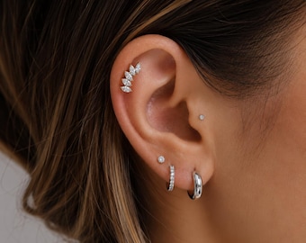 Pendiente de hélice con hoja de cristal CZ / Pendiente trepador para cartílago / Joyería para piercing labret/tragus de acero quirúrgico 316L con rosca interna y parte posterior plana